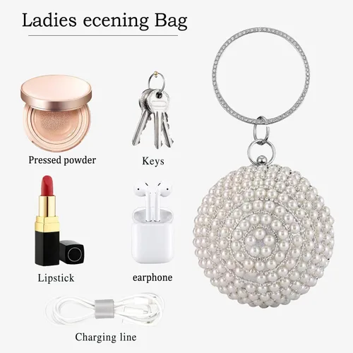 Miniatura 5 de Bolso de mano redondo para mujer, con diamantes de imitación, bolso de noche con cuentas de perlas