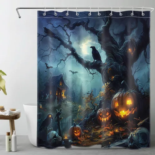 Miniatura 44 de HVEST Cortina de ducha de Halloween, linterna de calabaza y gnomo, cortina de ducha de baño, cortina de ducha de murciélago y araña, decorativa