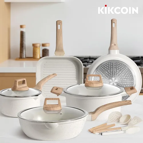 Miniatura 7 de Kikcoin Juego de 16 Piezas de Ollas y Sartenes Antiadherentes de Cerámica, Juegos de Utensilios de Cocina de Inducción, No Tóxico, Saludable