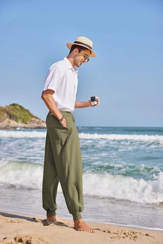 Miniatura 3 de COOFANDY Pantalones de harén hippie para hombre, holgados, de lino, algodón, pantalones de yoga, pantalones de playa de verano, pantalones casuales