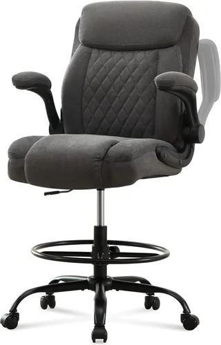 Silla de dibujo alta para escritorio de pie, silla de escritorio alta ergonómica con anillo de pie ajustable, reposabrazos abatibles, soporte Gris
