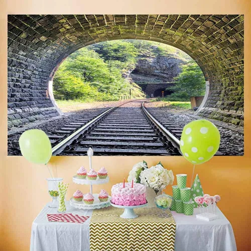 Miniatura 5 de Telón de fondo de pista de tren de 5 x 3 pies, túnel de montaña, ladrillo vintage, Sunmmer, paisaje, árboles verdes, sol, adulto, hombre, niño
