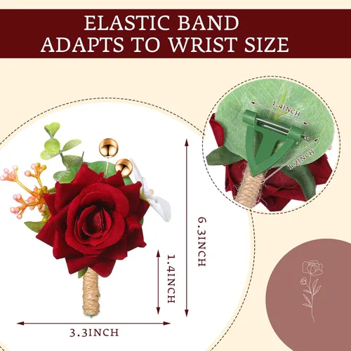 Miniatura 2 de Sherr Juego de 24 boutonniere burdeos para hombre, diseño de rosa para boda, bolsillo con alfileres, para novio, padrinos de boda, ramillete, traje