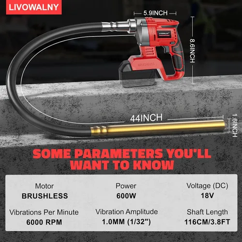 Miniatura 2 de LIVOWALNY Herramienta vibradora de hormigón de mano compatible con batería Milwaukee de 18 V (sin batería), vibrador eléctrico inalámbrico