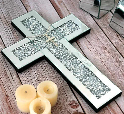 Miniatura 4 de GIMORRTO Decoración de pared con cruz espejada, cristal de diamante triturado, arte de pared religioso (pequeño)