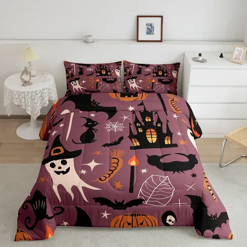Miniatura 15 de Erosebridal Ropa de cama de Halloween para niños y niñas, juego de edredón espeluznante de dibujos animados, tamaño individual, relleno de edredón