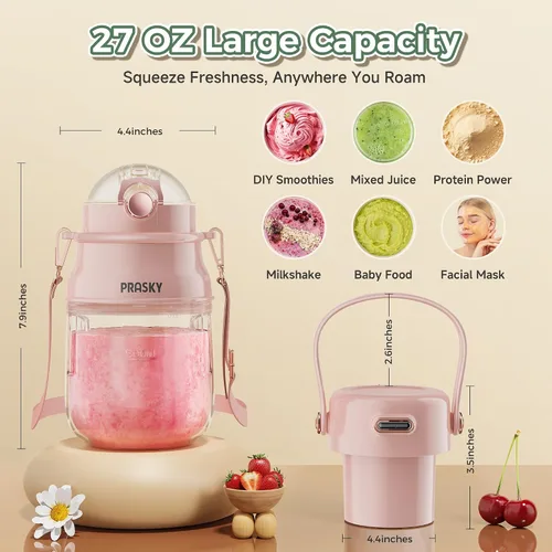 Miniatura 4 de Licuadora Portátil, Licuadoras Personales Prasky para Batidos y Smoothies con Taza de 27 onzas, Tapa y Correa para el Hombro, Recargable por USB