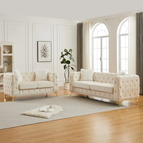 Miniatura 21 de KEIKI Sofá Chesterfield de terciopelo de lujo de 61 pulgadas con 2 almohadas, estilo mediados de siglo con botones copetudos de 2 plazas con cojines