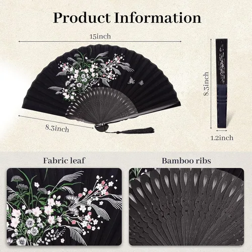 Miniatura 7 de JOHOUSE Abanico de mano plegable de tela negra con borla y funda – Elegante abanico plegable de mano para mujeres, abanicos de boda para invitados