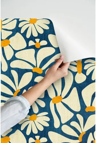 Miniatura 3 de Spoonflower Despegar y pegar papel tapiz Swatch - Retro Daisy Flower Power Blue Floral Vintage Groovy 70S 60S Papel pintado extraíble personalizado
