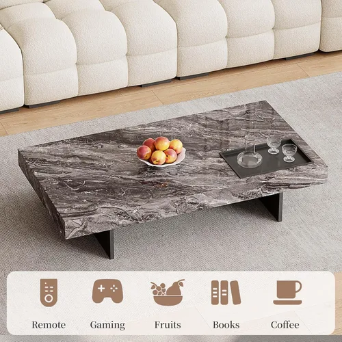 Miniatura 3 de Mesa auxiliar rectangular de mármol de 51.18 pulgadas, parte superior de piedra sinterizada gris moderna con base de metal negro, mesa central