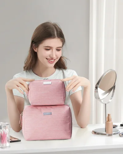 Miniatura 7 de Bolsa de maquillaje Narwey para viaje, bolsa de cosméticos organizadora, bolsa de aseo con compartimentos para mujeres y niñas (grande, rosa)
