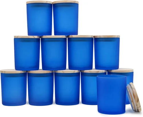 Miniatura 25 de SHOWIN Tarros de vela gruesos de 14 OZ para hacer velas 12 Piezas, tarros vacíos de 3 mechas con tapas de madera para hacer velas, recipiente