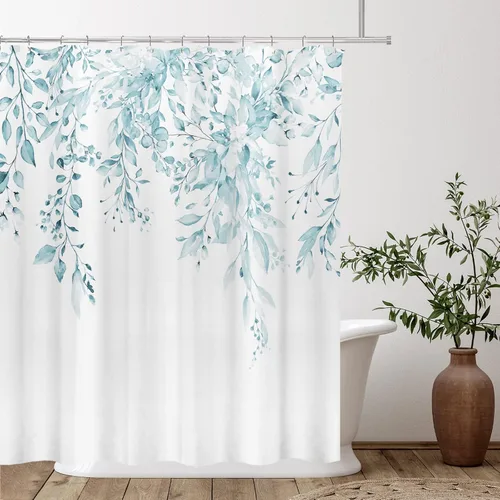 Miniatura 3 de Tititex Spun Sugar - Juego de cortinas de ducha de eucalipto azul claro, hojas de acuarela brillantes en la parte superior, decoración floral