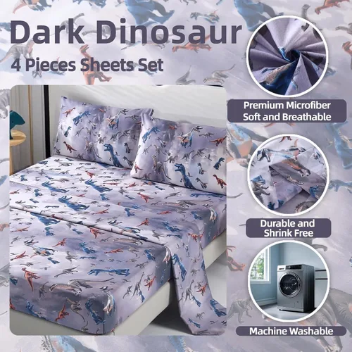 Miniatura 3 de SDIII Juego de 4 piezas de sábanas oscuras con dinosaurios tamaño individual, sábanas suaves de microfibra con dinosaurios tamaño individual, lindo