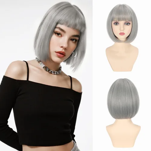 Miniatura 13 de Peluca Bob Marrón Ceniza con Flequillo, Peluca Corta y Lisa para Mujeres y Niñas, 12 Pulgadas, Resistente al Calor, Peluca de Cabello Bob Sintético