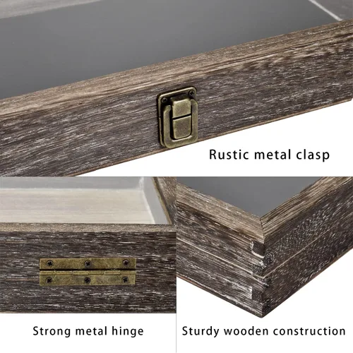 Miniatura 5 de MOOCA Caja de almacenamiento de 2 piezas de vidrio templado de madera con cierre de metal, bandeja de joyería de madera para coleccionables, vitrina