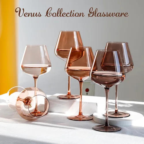 Miniatura 6 de Juego de copas de vino Physkoa Venus de 6 - 532ml Copas de vino ámbar sopladas a mano con tallo, copas de vino de color melanina única, cristalería