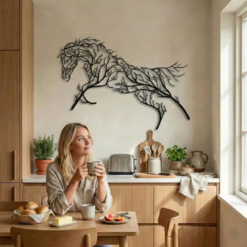 Miniatura 3 de Arte de pared de metal, decoración geométrica de caballo y árbol, decoración de oficina en casa, entrada, dormitorio, sala de estar, colgar