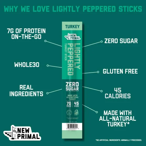 Miniatura 4 de New Primal Palitos de Pavo Ligeramente Condimentados con Pimienta, Bocadillos Saludables Keto y Sin Gluten para Adultos, Sin Azúcar Bajos