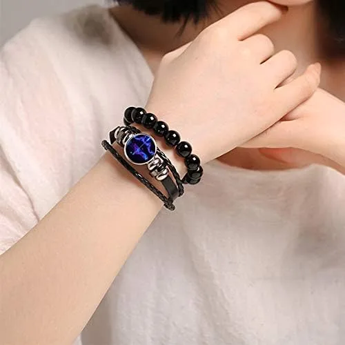 Miniatura 5 de Pulsera de cuero trenzado a mano con 12 cuentas de constelación para hombre, estilo retro, 2