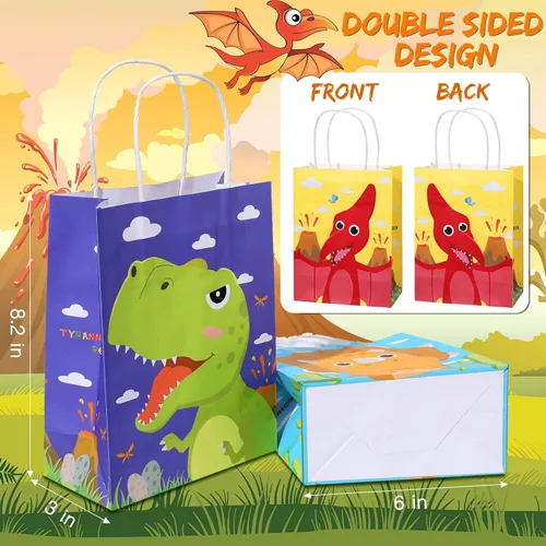Miniatura 2 de Pajean 24 bolsas de caramelos de dinosaurio con asa, bolsas de papel de recuerdo de fiesta de dinosaurios, regalos para niños, envoltura