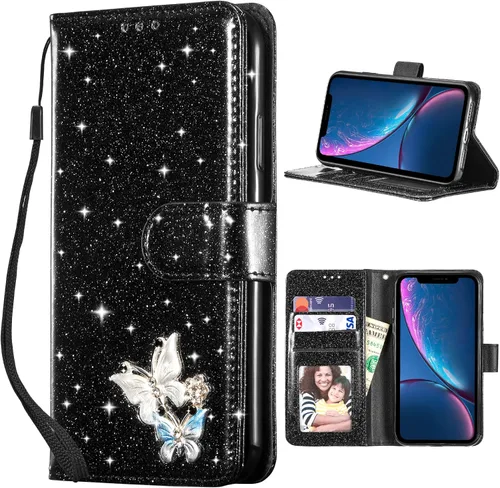 Miniatura 25 de UEEBAI Funda tipo cartera para iPhone 11, funda de piel sintética con purpurina para teléfono, ranuras para tarjetas, funda con función atril