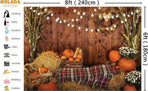 Miniatura 3 de Fondo de fotos de otoño para fotografía Fondos de otoño para sesión de fotos Tablero de madera Haystack Fondo de calabaza 8x6FT 12480