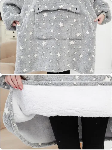 Miniatura 5 de Manta portátil de sherpa con capucha, para niños, todos los patrones, de gran tamaño, sudadera con bolsillos, 6-10 años Brilla en la oscuridad gris