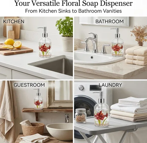 Miniatura 7 de Topadorn Dispensador de jabón de vidrio de 17 onzas con bomba, impresión floral de acuarela Enjoy the Day, botella líquida recargable para cocina