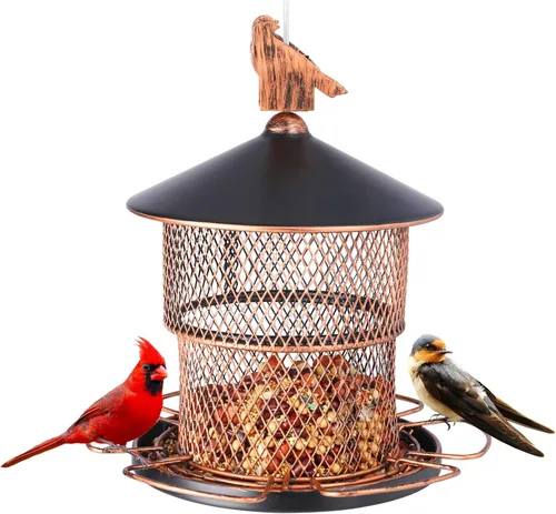 Yinns Comederos para pájaros para colgar al aire libre, comederos metálicos de gran capacidad de semillas, comedero para pájaros salvajes con 6