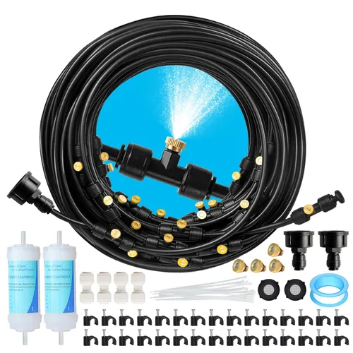 Maotong Mister de 100 pies para sistema de enfriamiento de nebulización de patio exterior, línea de nebulización de 100 pies (98.4 ft), 32 boquillas