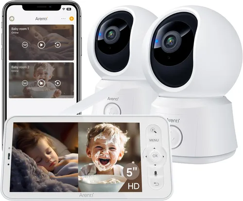 ARENTI Monitor de bebé 2 cámaras, cámara inteligente para bebé con pantalla inalámbrica de 5 pulgadas, visión nocturna super, sensor de temperatura,