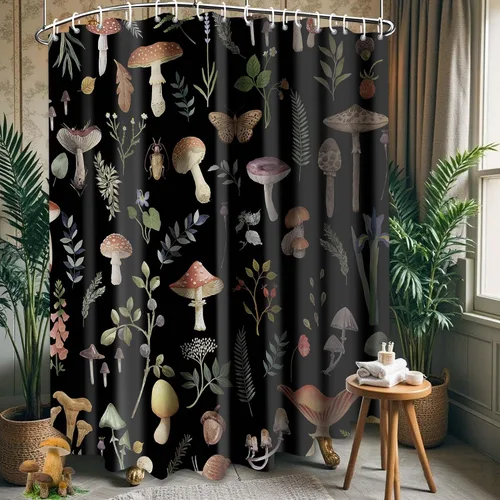Miniatura 12 de Cortina de ducha de hongos, bonito juego de cortinas de ducha de hongos negros para decoración de baño, tela de poliéster impermeable con ganchos