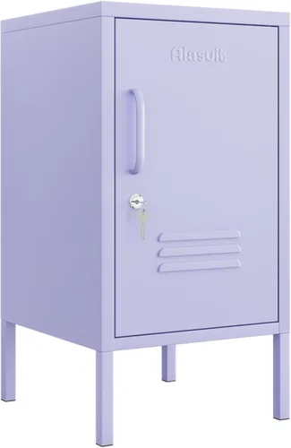 Miniatura 9 de Mesa auxiliar de una sola puerta, armario de almacenamiento de metal con cerradura, mesita de noche para niños de 2 niveles con estante ajustable