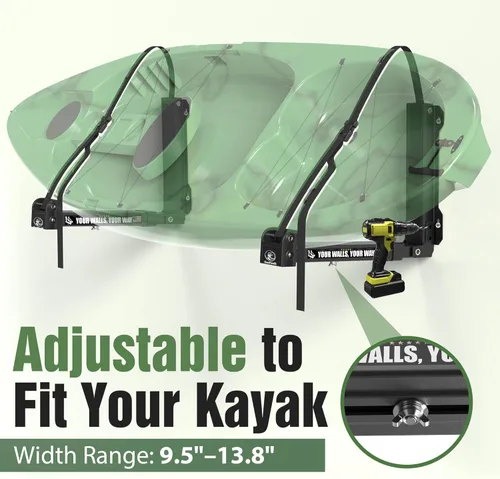 Miniatura 4 de GanFindX Estante de pared plegable para kayak, resistente de 11.8 a 17 pulgadas, soporte de almacenamiento de kayak y correas de hebilla de Negro