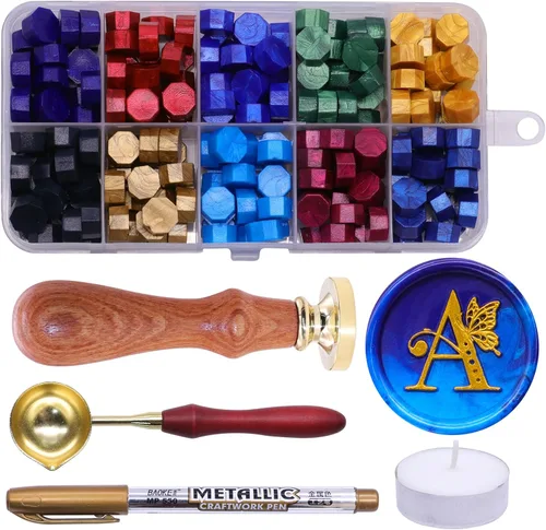 SWANGSA Kit de sello de cera con letra inicial del alfabeto A, sello de sellado de letras de mariposa vintage con 200 cuentas de cera de sellado