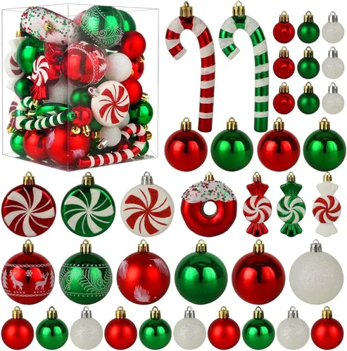 Adornos para árbol de Navidad, juego de bolas de Navidad verdes, rojas y blancas de 60 piezas, adornos de plástico irrompibles para árbol de