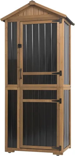 Miniatura 17 de Ketive Gabinete de almacenamiento para exteriores, armario alto de jardín para herramientas con techo resistente a la intemperie, puertas con doble