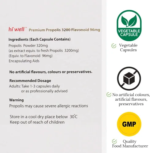 Miniatura 5 de (3 unidades) Hi Well Premium Propolis 3200 Flavonoid 96mg 250VegeCápsulas