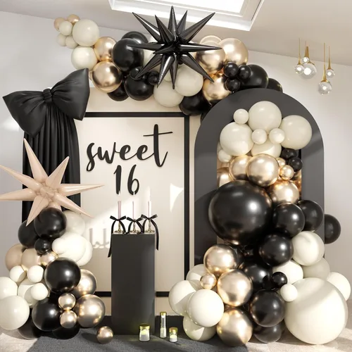Kit de guirnalda de globos negro, blanco y dorado, 115 piezas de arco de globos beige arena negro crema oro metálico con globos de papel de aluminio