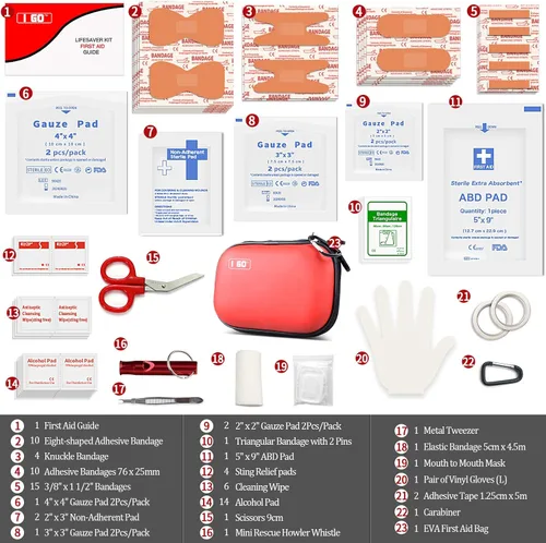 Miniatura 4 de I GO Kit de primeros auxilios compacto de 85 piezas, pequeño kit de supervivencia de emergencia personal para viajes, senderismo, camping, Rojo