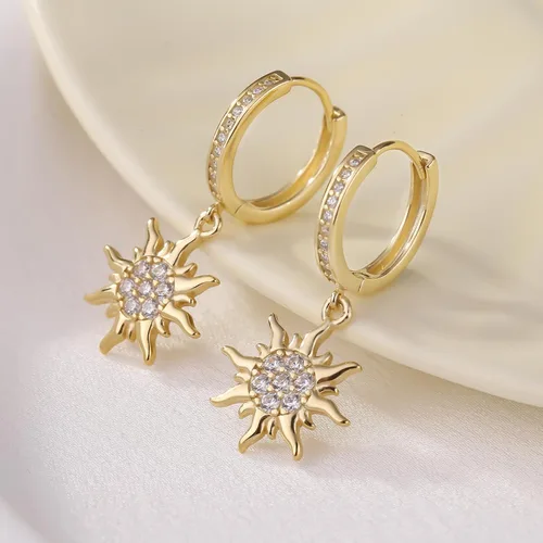 Miniatura 4 de Pendientes de sol dorados para mujer, aretes colgantes para niña, aretes de circonita cúbica, Plata Cobre Circonita cúbica, No es una piedra preciosa