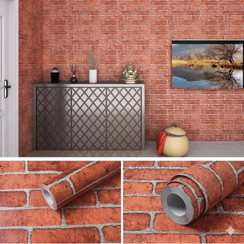 Miniatura 2 de Lependor Papel tapiz decorativo de 17.71" X 118" papel de pared autoadhesivo con ladrillo rojo impreso, fácil de aplicar, despegar y pegar - 17.71