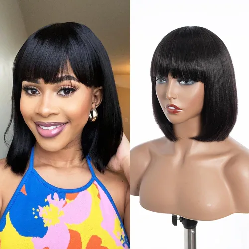 Miniatura 11 de QVR - Peluca de cabello humano corto estilo Bob con flequillo, 10 pulgadas, cabello lacio virgen brasileño hecho a máquina, sin encaje frontal