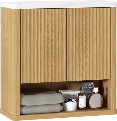 Miniatura 7 de HOMEFORT Armario de pared para baño, botiquines, armario de almacenamiento sobre el inodoro con 2 puertas, estante ajustable y parte superior