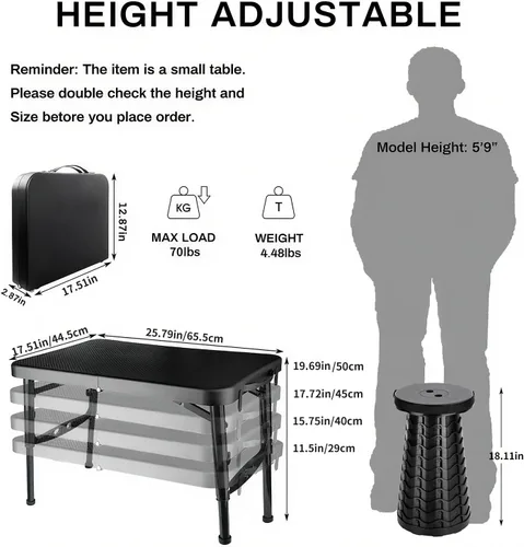 Miniatura 3 de KPR Juego de mesa plegable y taburete retráctil, mesa plegable portátil para camping, ligera pero más resistente, con taburete ajustable para picnic