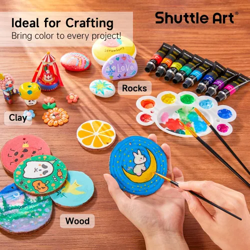 Miniatura 8 de Juego de pintura acrílica Shuttle Art, 16 tubos de 12 ml, calidad de artista, pigmentos ricos no tóxicos, colores ideales para niños, adultos
