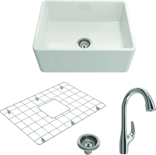 Miniatura 34 de BOCCHI Classico Farmhouse Fregadero de cocina de arcilla refractaria con frente de delantal de 20 pulgadas, un solo tazón con rejilla protectora