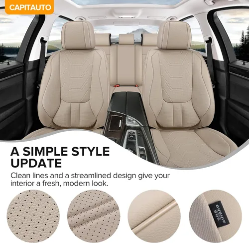 Miniatura 9 de CAPITAUTO Juego completo de fundas de asiento de automóvil, fundas de asiento beige para automóvil con soporte lumbar, fundas de asiento